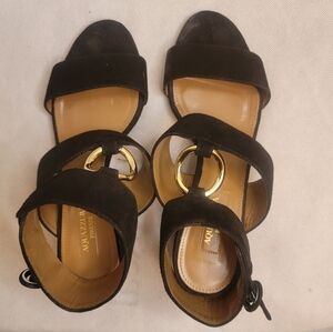 AQUAZZURA CAMEL SUEDE SAFARI LEATHER GOLD RING MID HEEL ANKLE STRAP  SANDALS